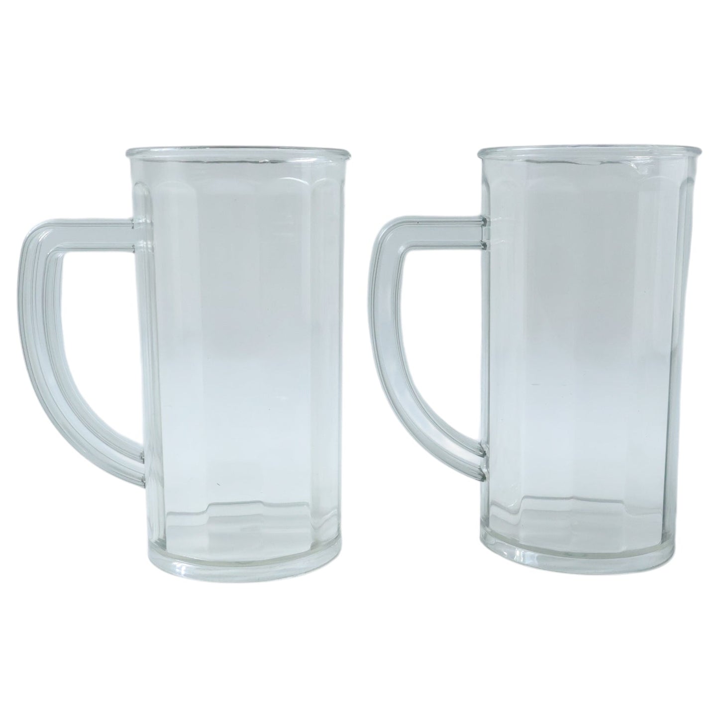Close-up of transparent plastic drink mug with comfortable handle