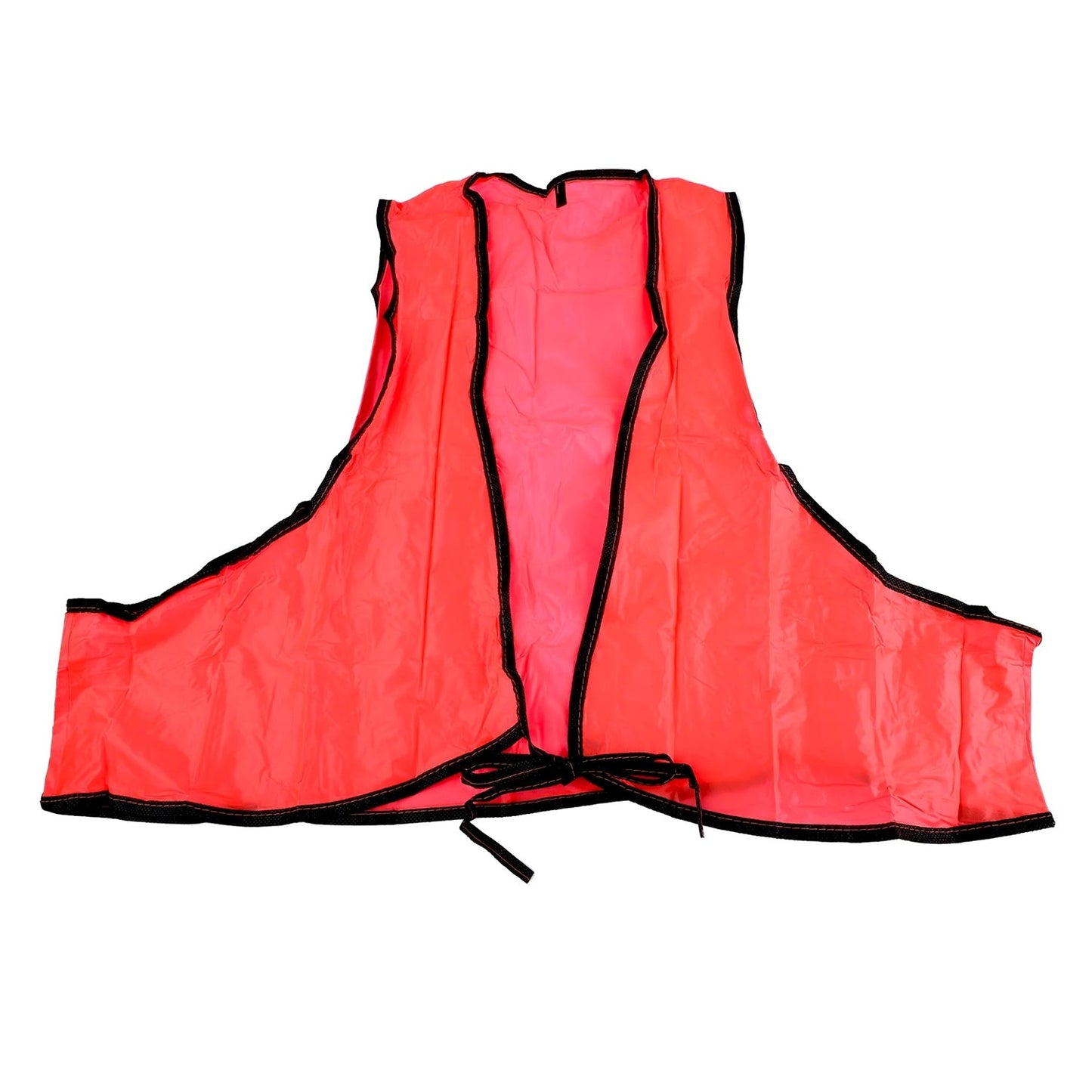 A high visibility safety vest laid flat, showcasing its full design and the bright yellow PVC material.