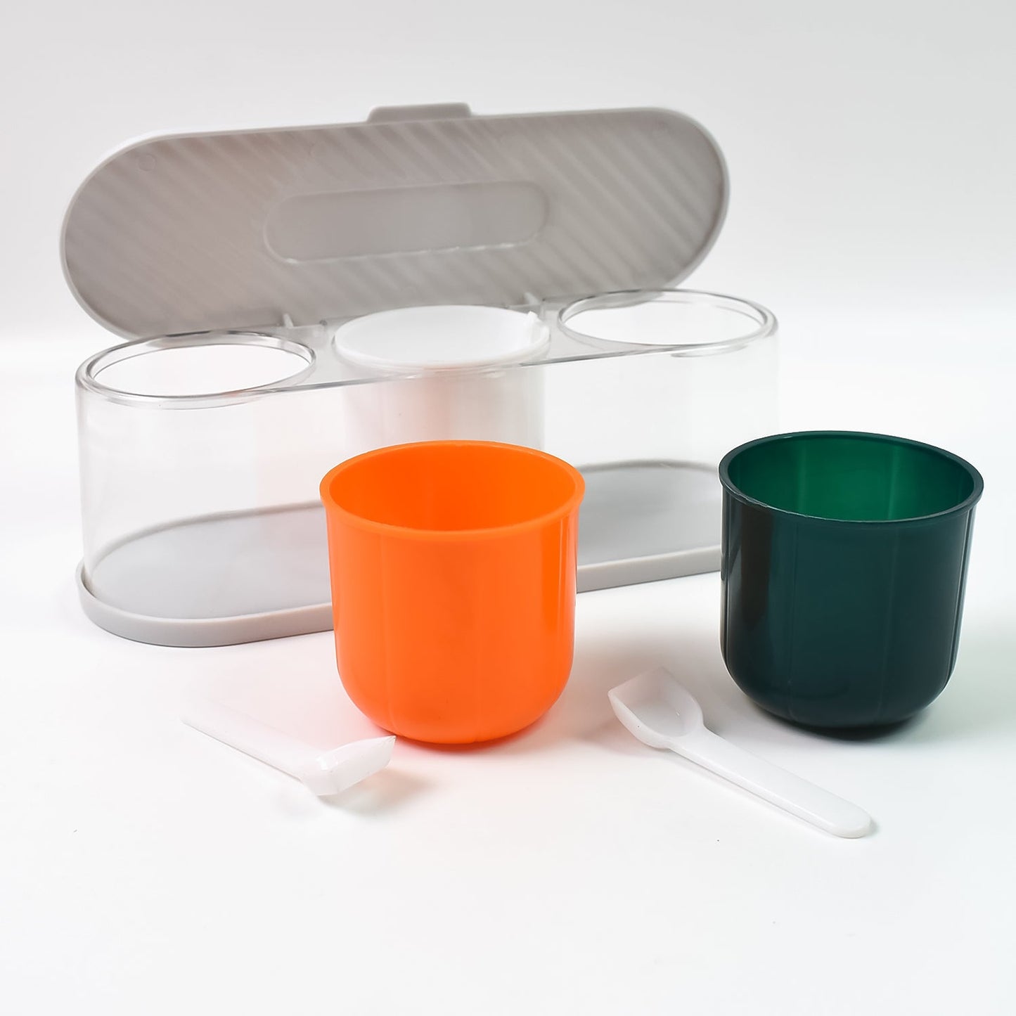 Side view of the compact 3-grid seasoning box, demonstrating its space-saving design.