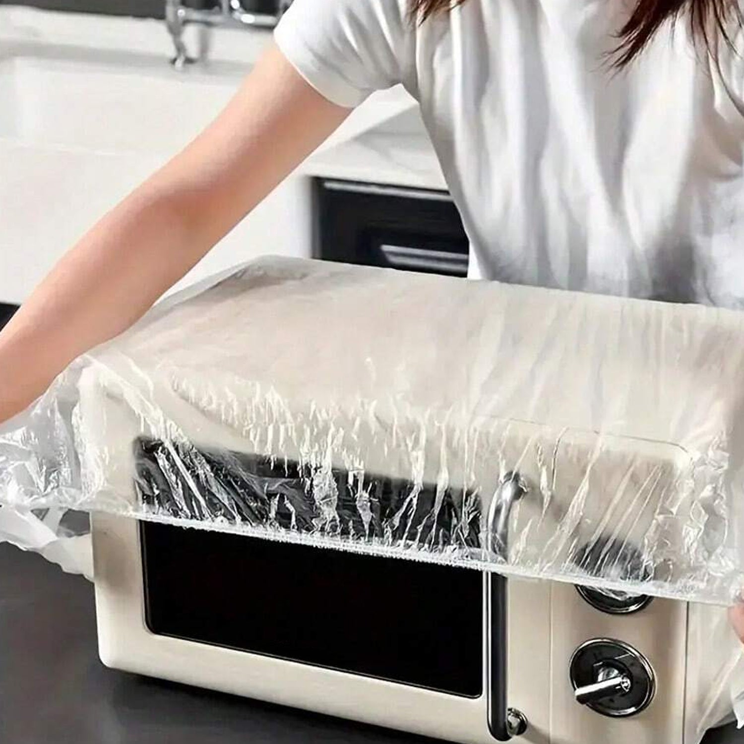 Dining chair plastic covers providing protection for individual chairs.