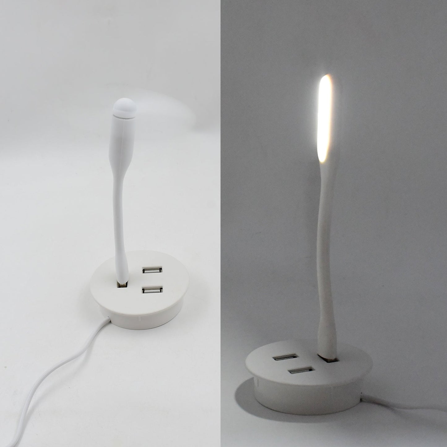 Compact Portable USB Fan and light connected to a power source.
