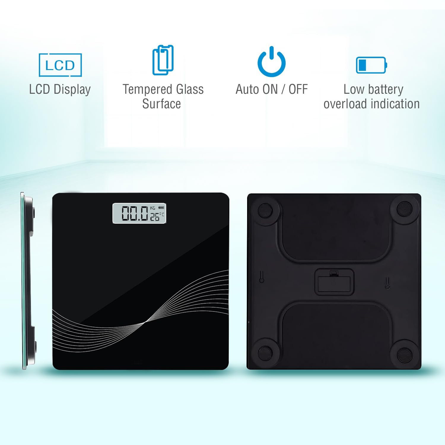 Digital personal weight scale placed stylishly in modern bathroom setting