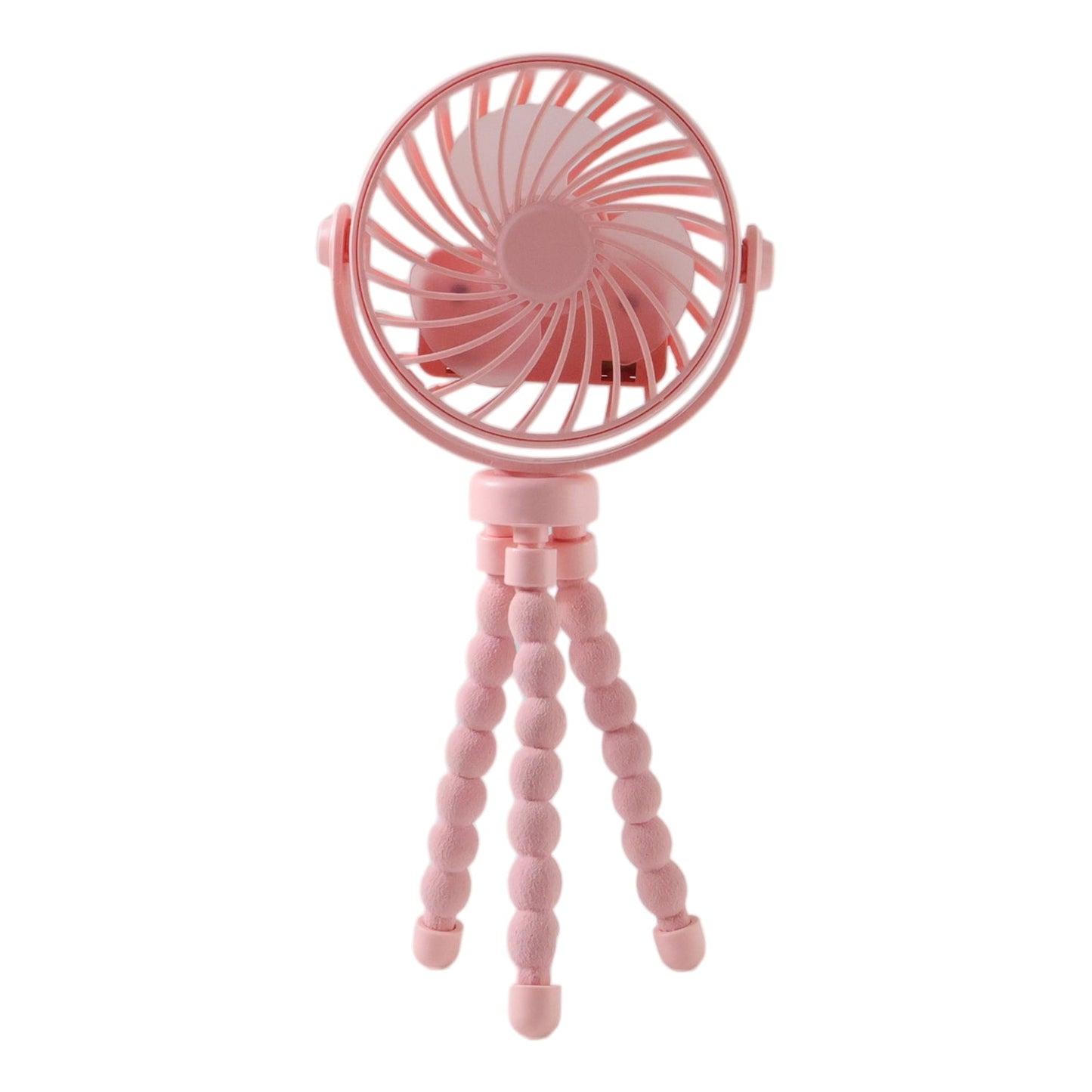 Flexible tripod stand supporting portable cooling fan angled for directed airflow