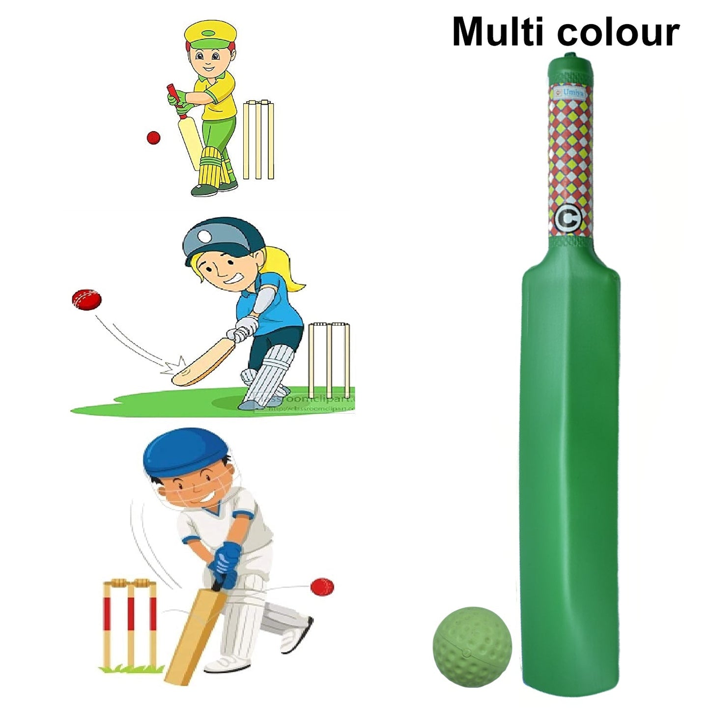 Full view of the yellow and blue plastic cricket bat and ball set for young players