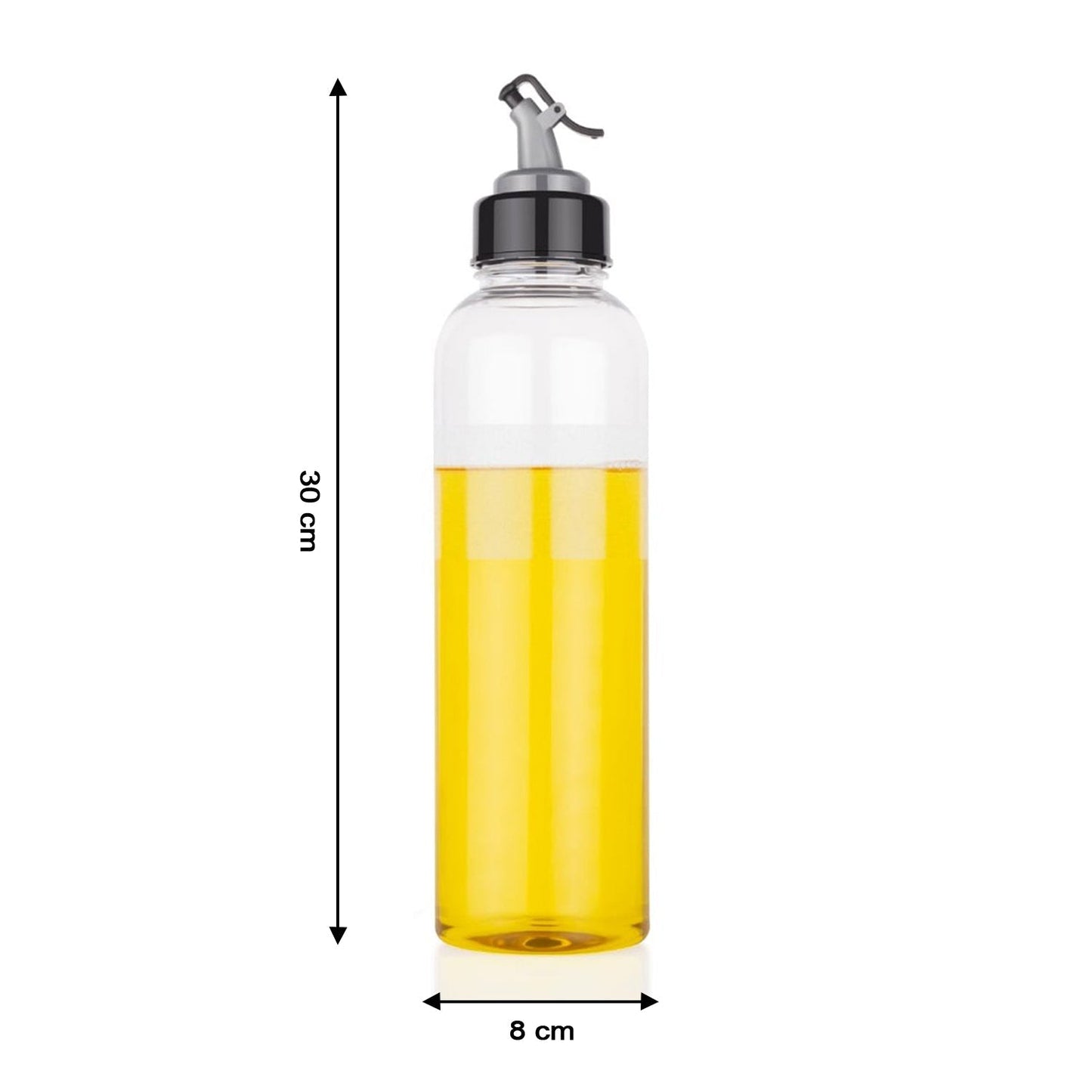 Hand pouring oil from the 1 litre transparent plastic oil dispenser with precise control.