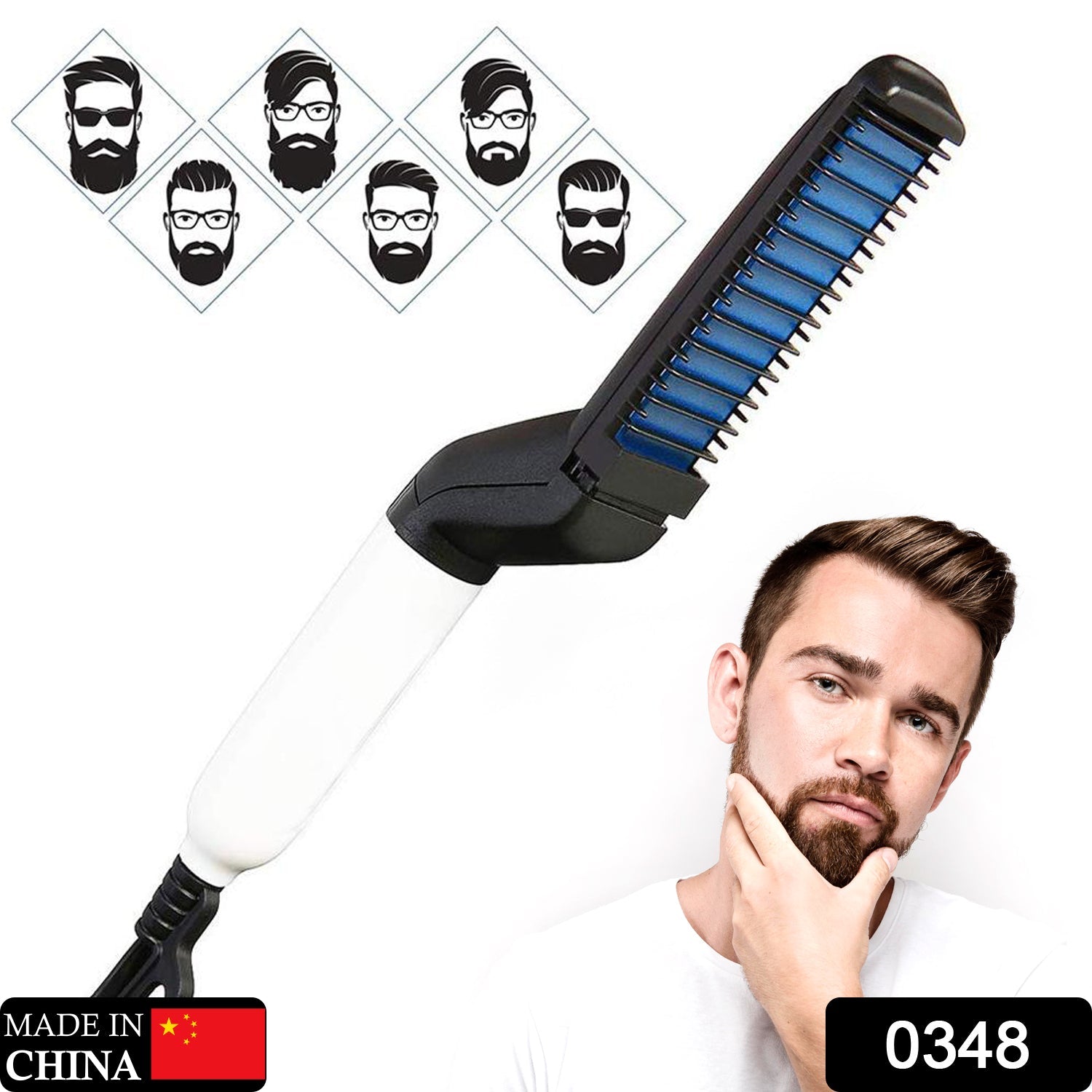 Close-up of the Men's Hair & Beard Straightener, highlighting its comb and heating plate.