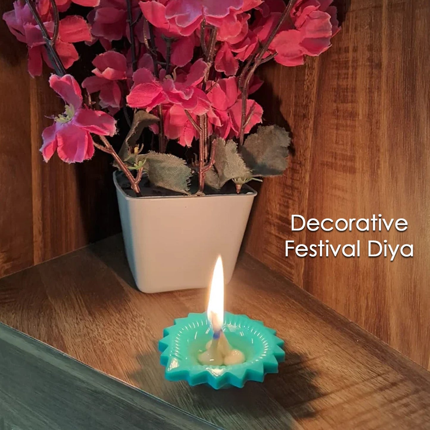Multiple Silicone Diwali Diyas glowing with warm light, enhancing festive decor.