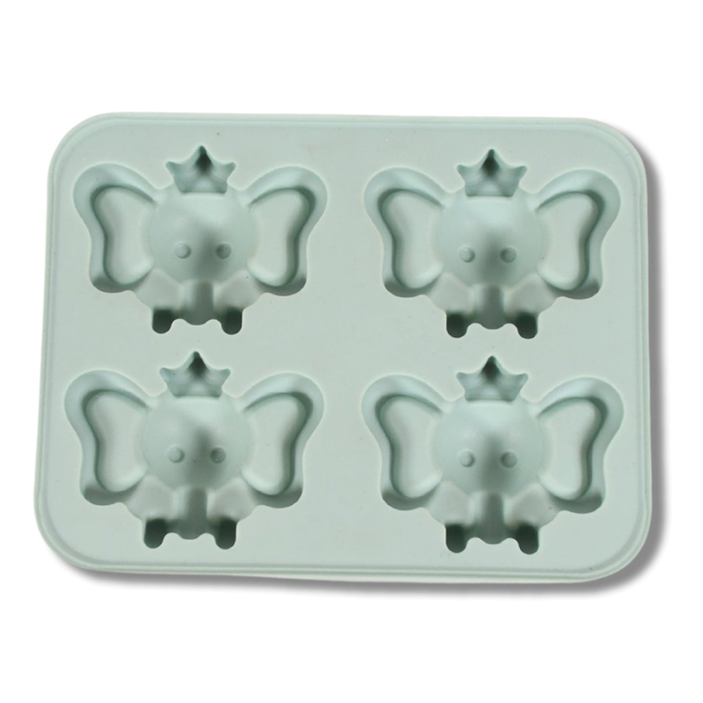 Ice cubes in fun cartoon shapes being easily released from the silicone tray.
