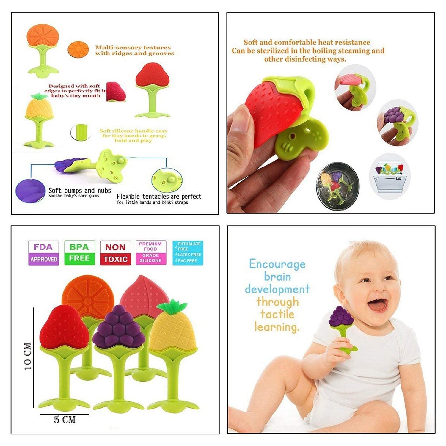 Brightly colored fruit-shaped baby teether, perfect for soothing.