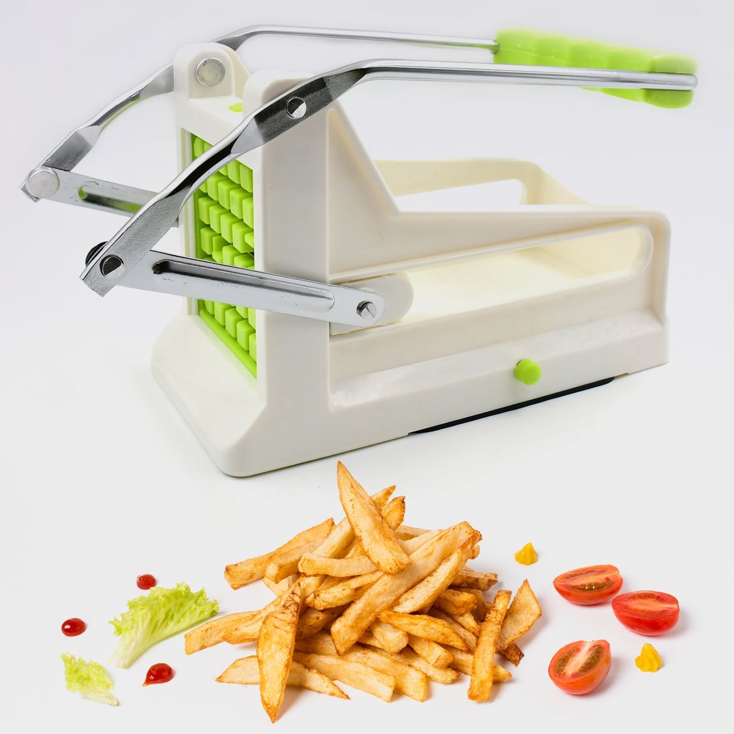 Hand demonstrating the French fry cutter in action, slicing potatoes.