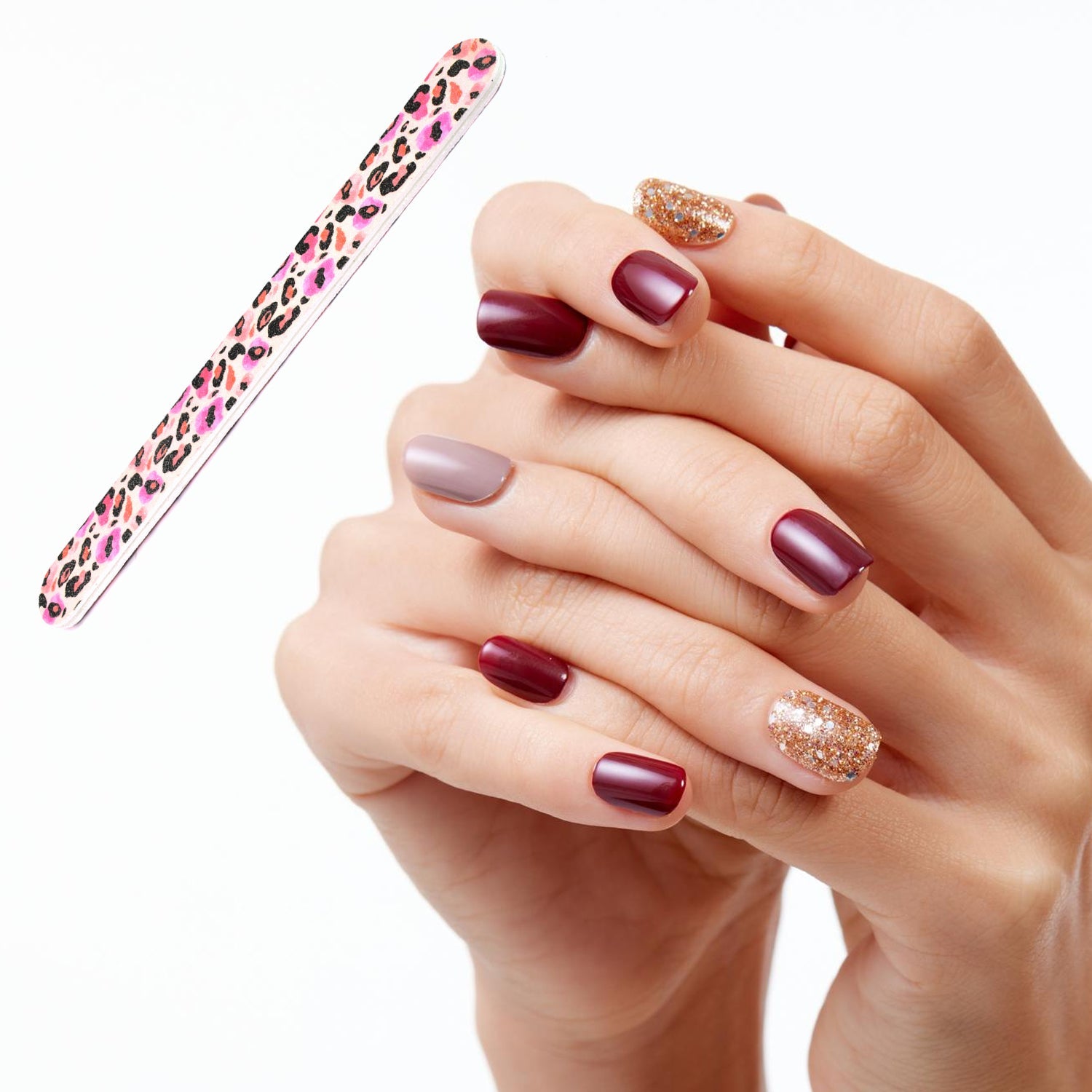 Close-up of double-sided professional nail file showing both textured surfaces
