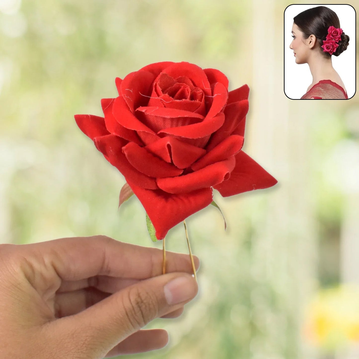 Rose gift set featuring red rose bouquet and heart decor
