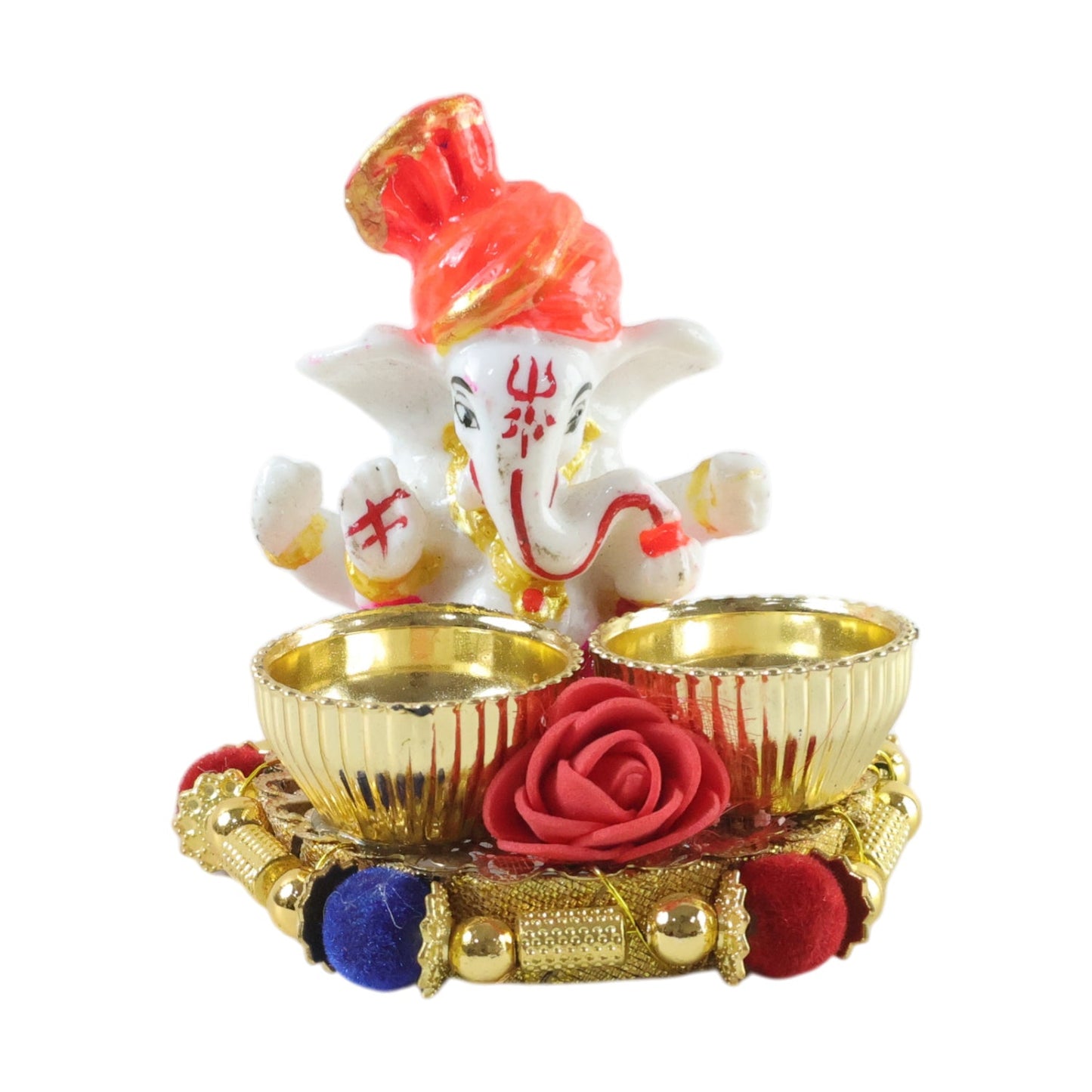 Hindu prayer thali set with vibrant decorative design