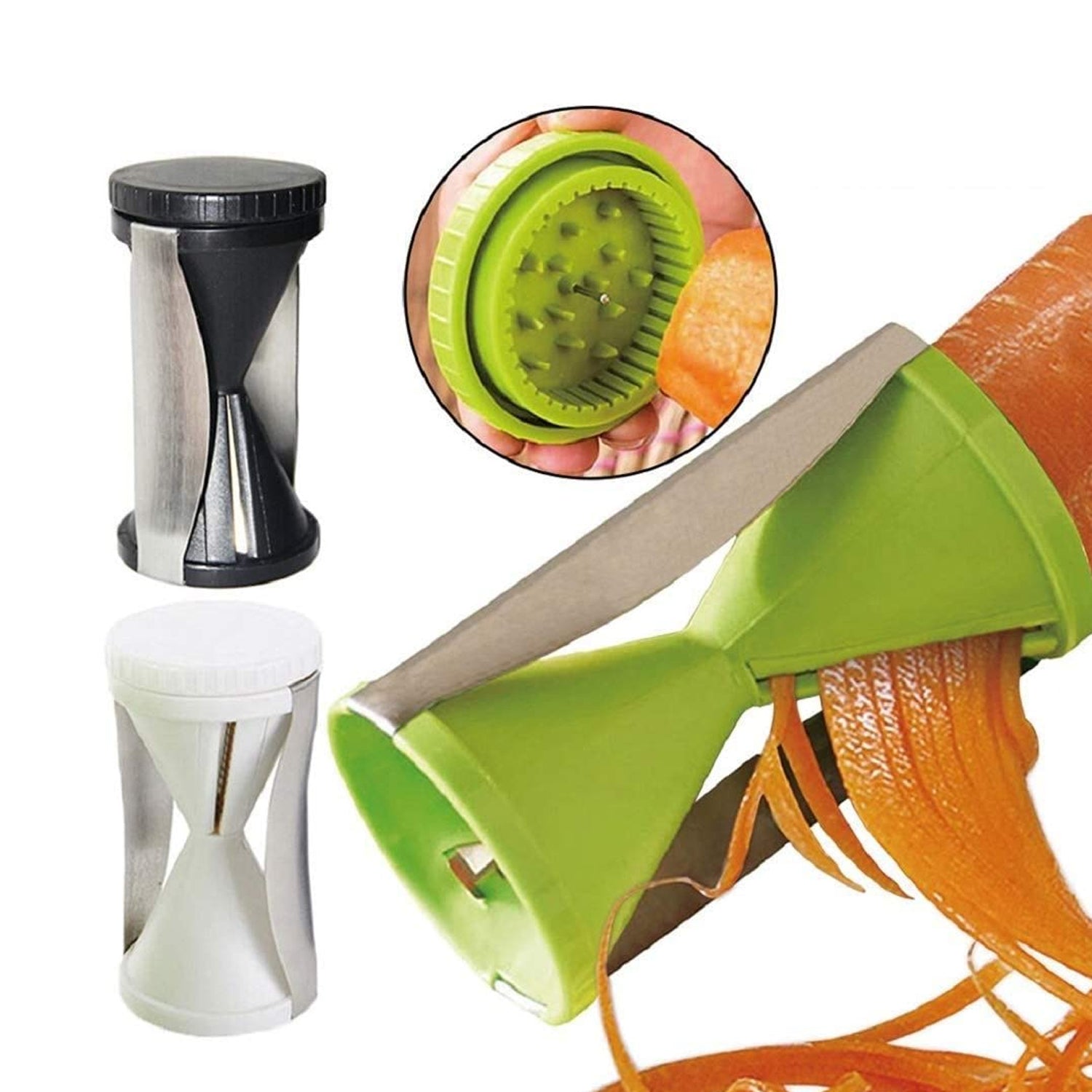 A variety of vibrant vegetables, including zucchini and carrots, spiraled using the vegetable slicer