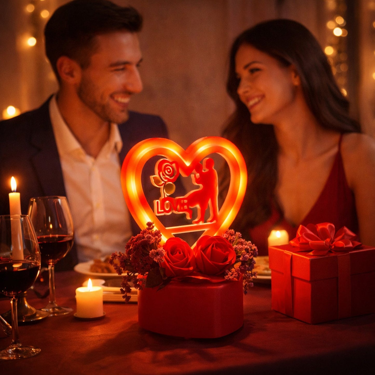 Couple gift set featuring heart love showpiece and golden rose flower