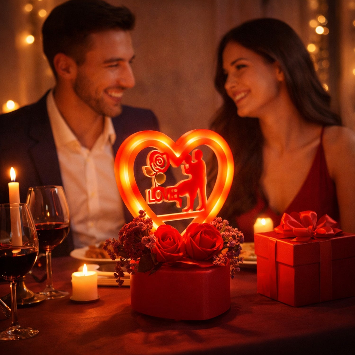 Couple gift set featuring heart love showpiece and golden rose flower