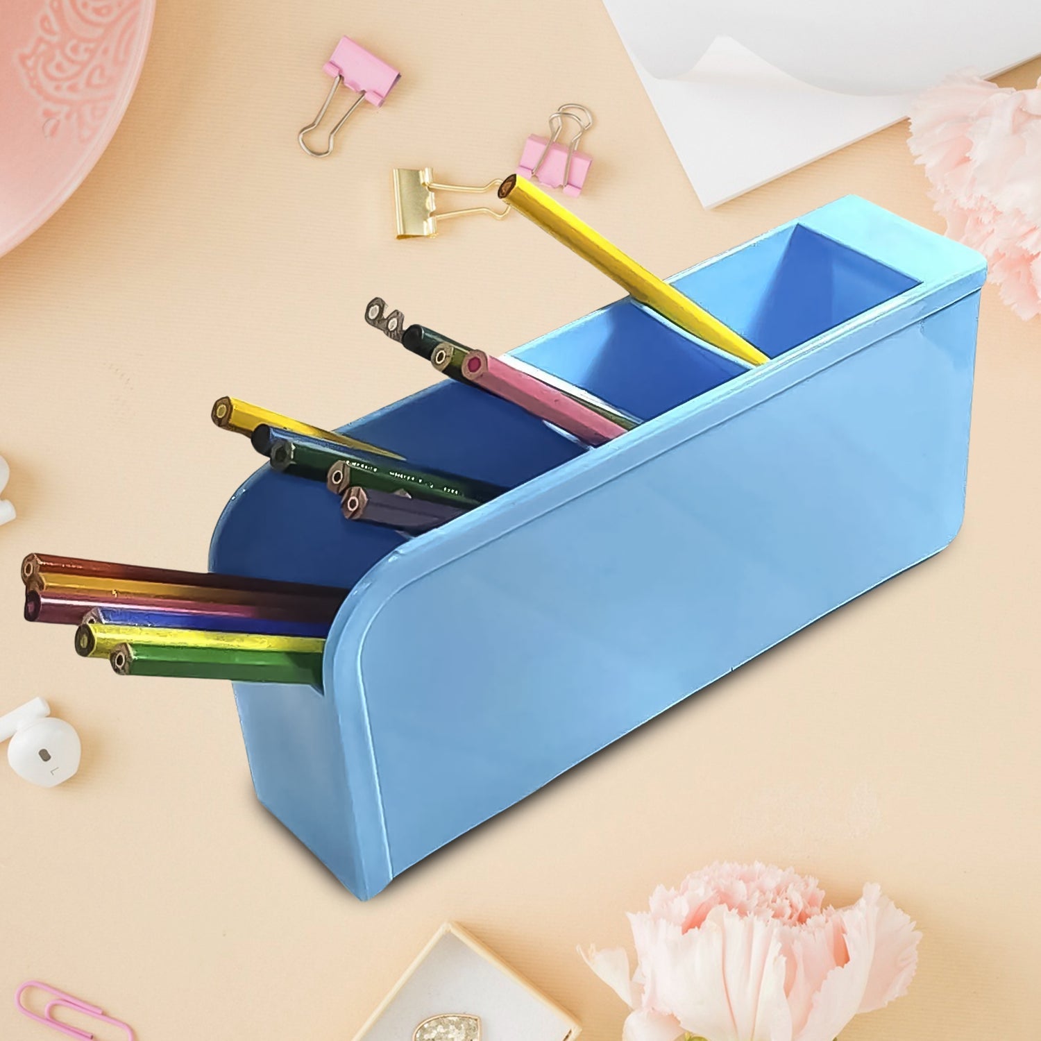 Angled view of the transparent 4-compartment desk storage box, showcasing its practical design.