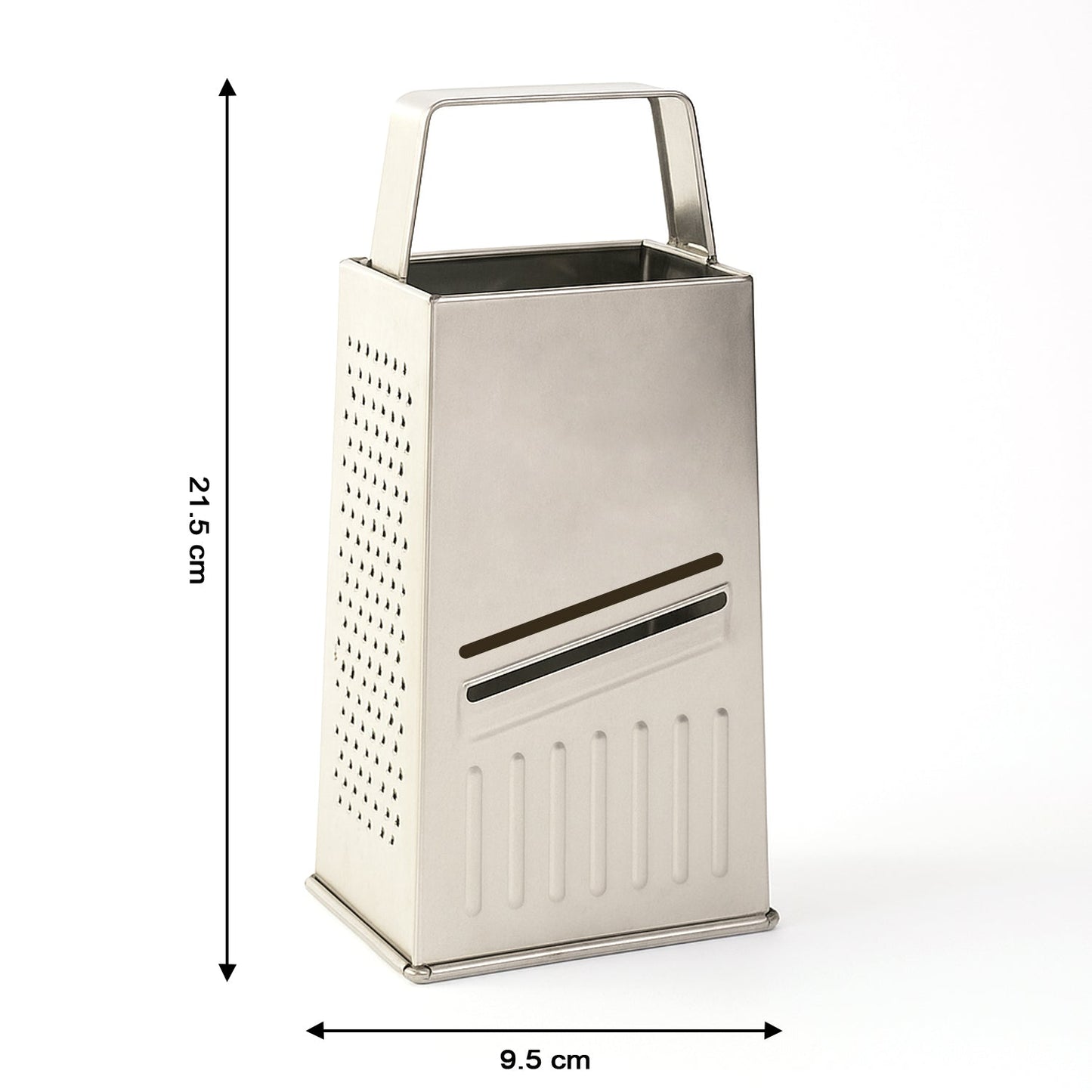 Box-style stainless steel grater placed on kitchen counter for food preparation.