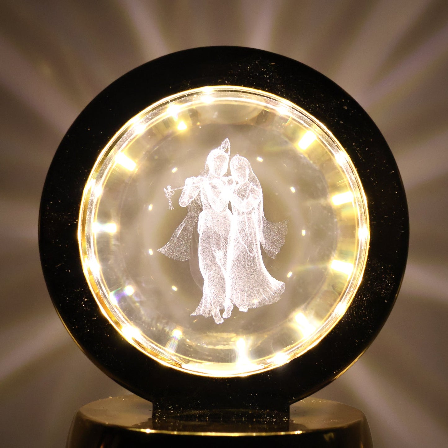 Golden base Radhe Krishna decorative lamp emitting soft ambient LED light