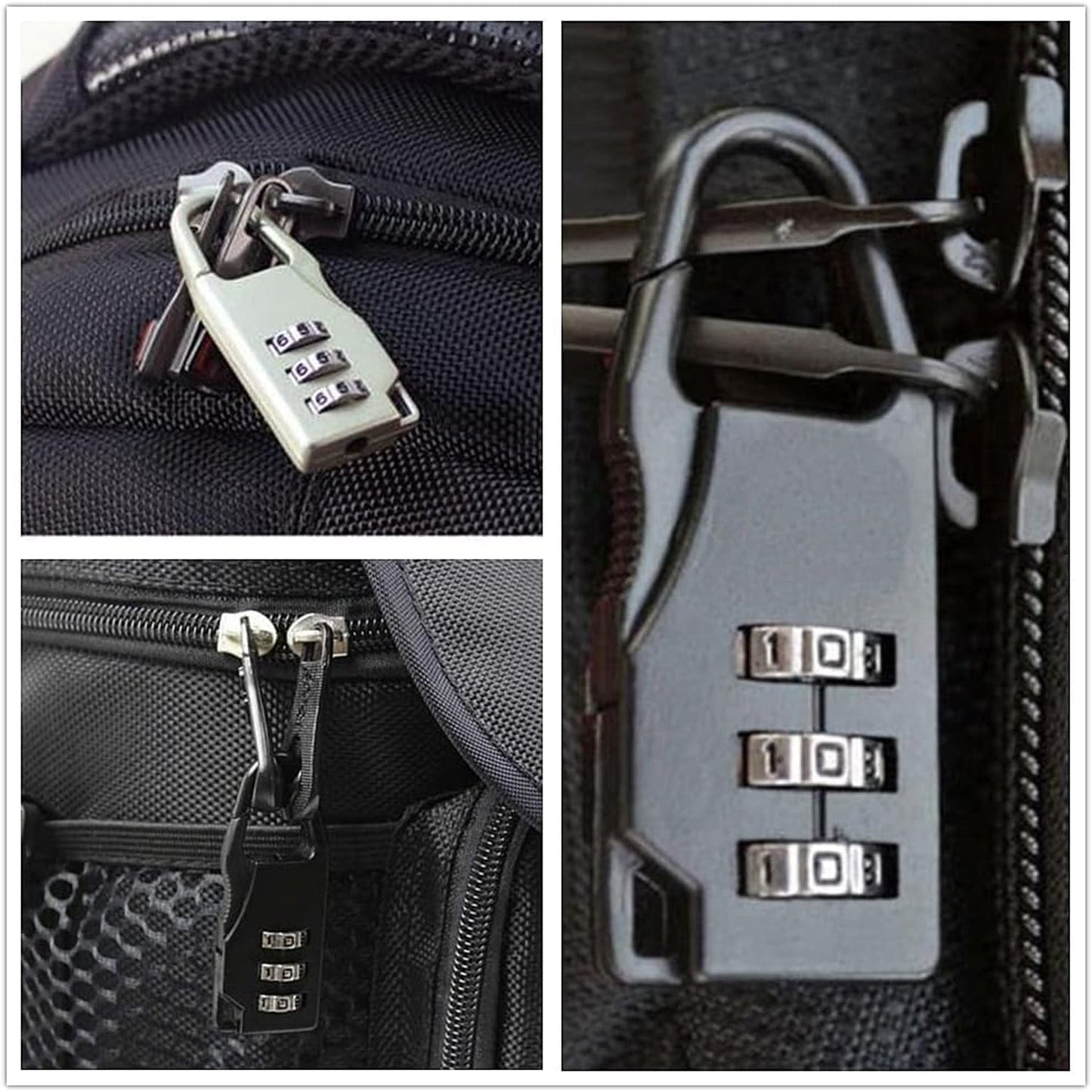 Compact 3-digit combination travel lock attached to bag zipper