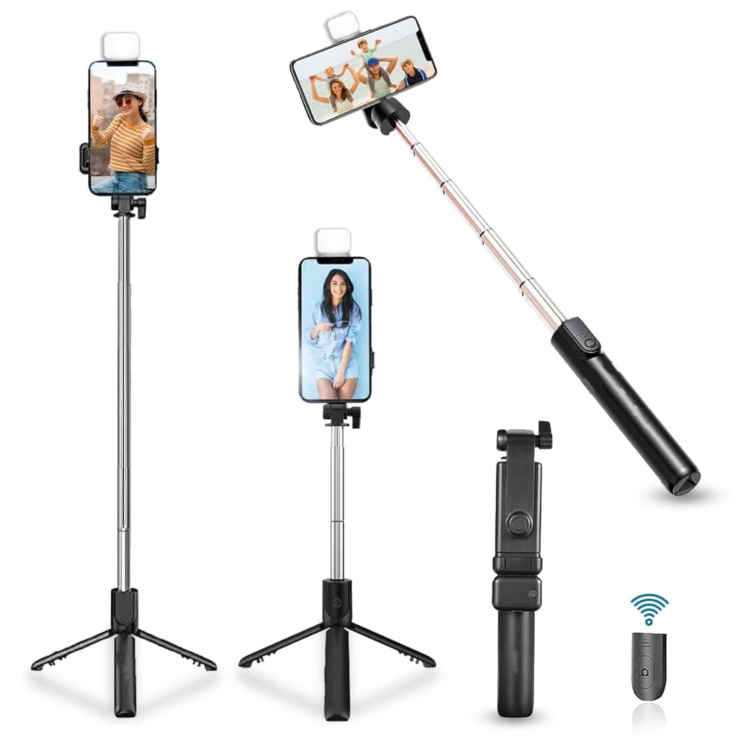 Compact wired selfie stick folded for easy portability and storage
