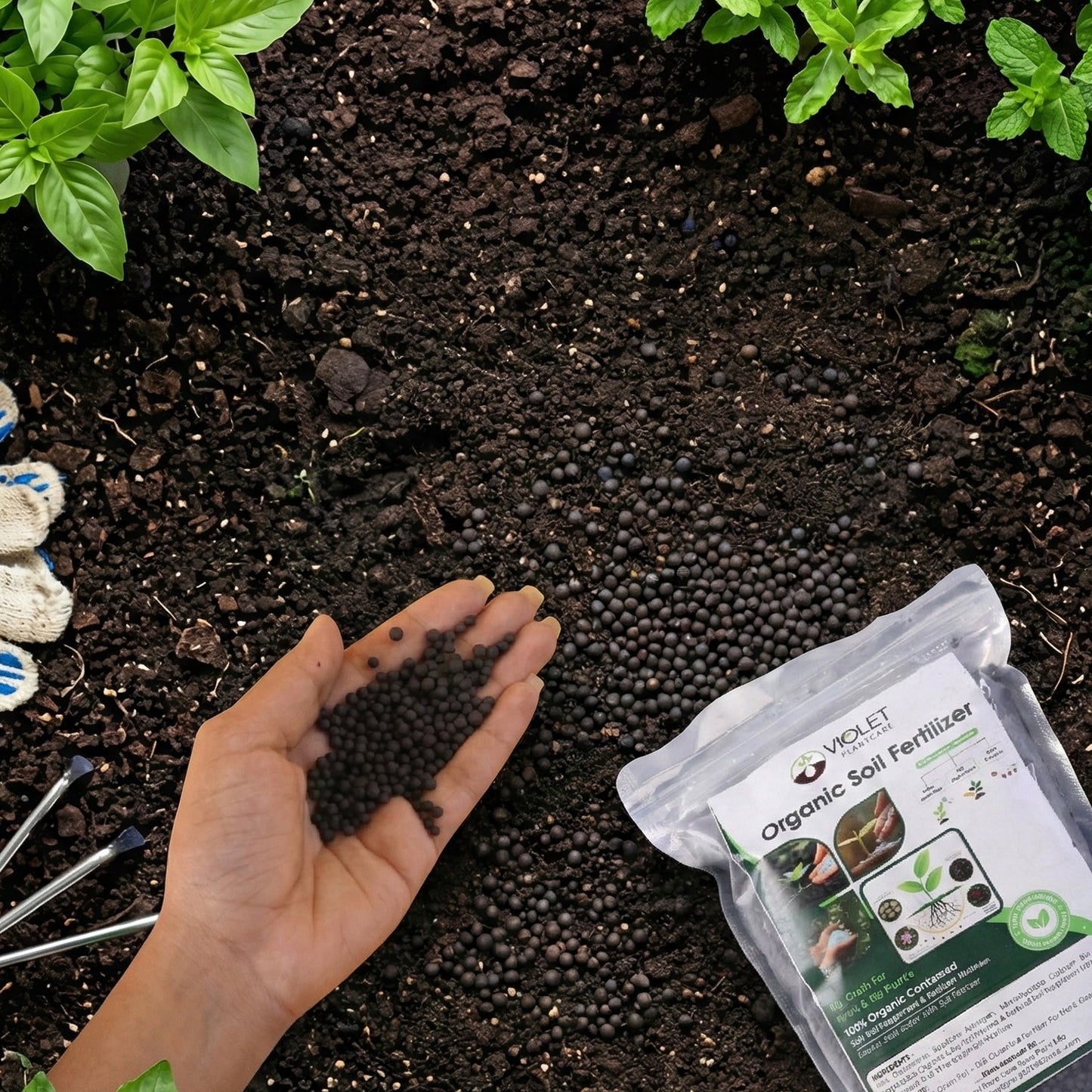 Granules of organic manure fertilizer for lush plant growth