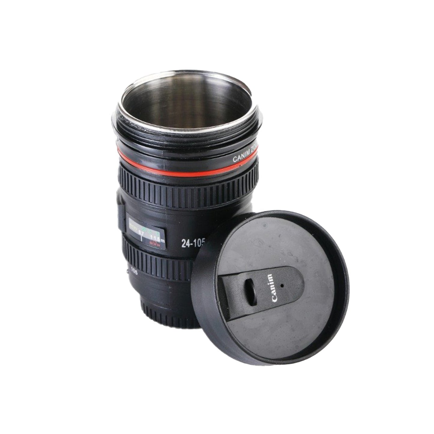 Top-down view of the camera lens coffee mug, highlighting its realistic details.