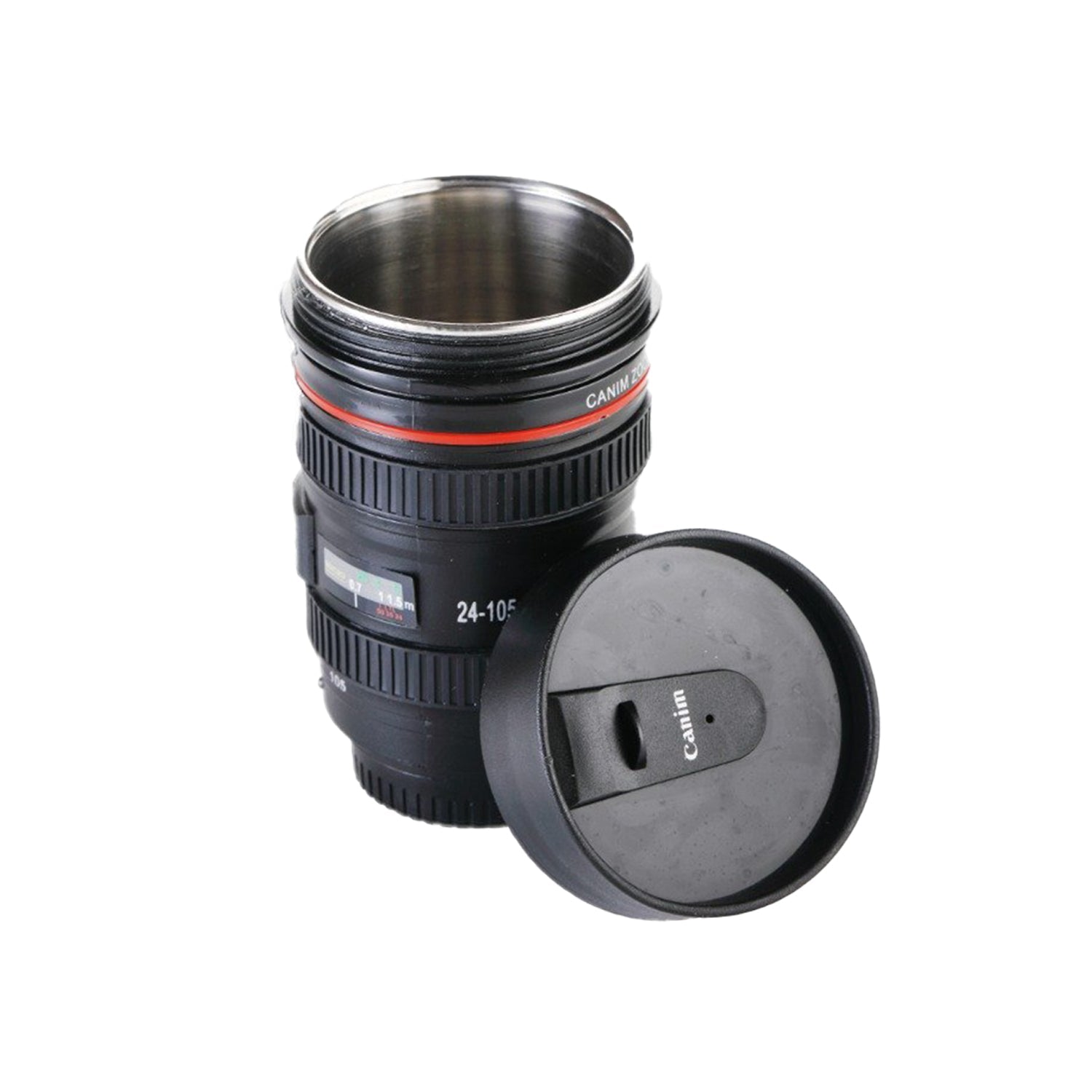 Top-down view of the camera lens coffee mug, highlighting its realistic details.
