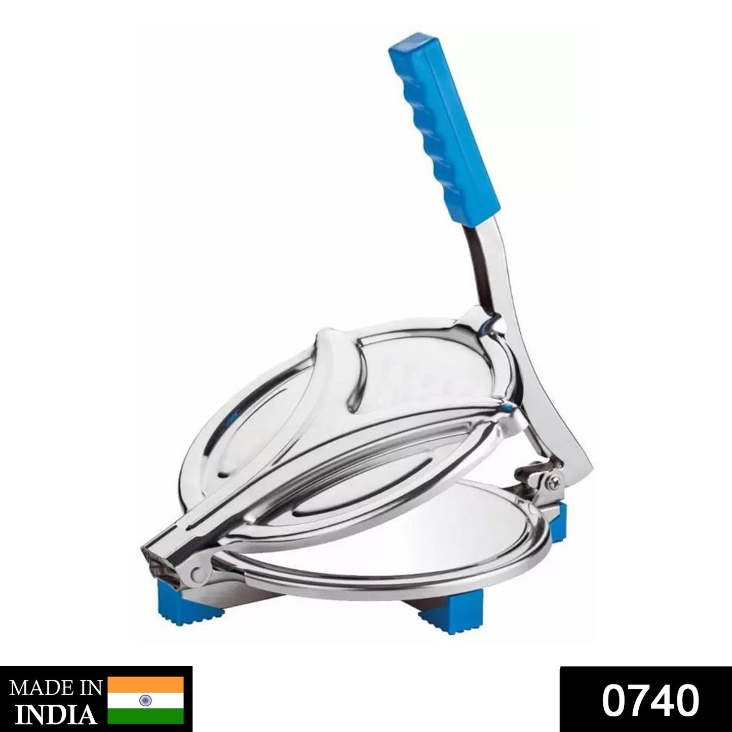 Close-up of the robust stainless steel puri press, ready for making perfect flatbreads.