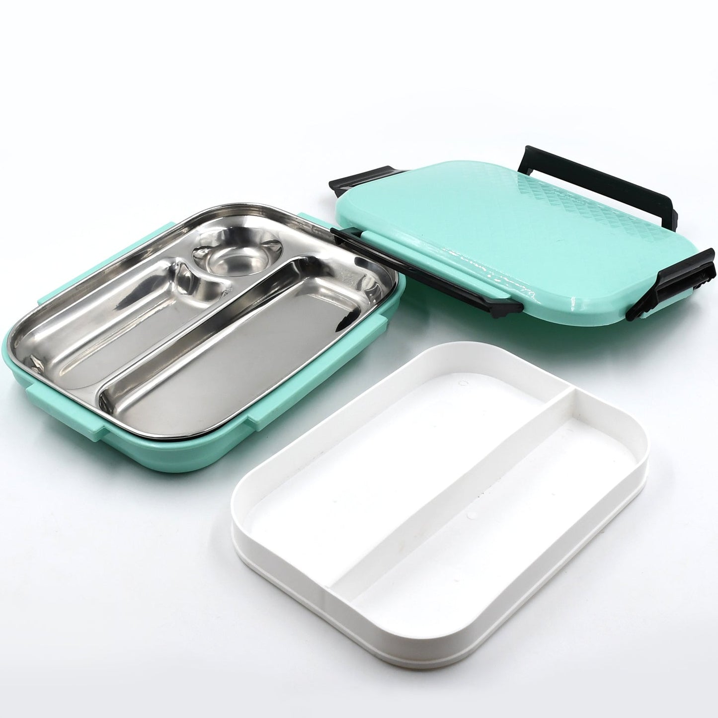 Close-up of the robust food-grade stainless steel lunch box, highlighting quality.