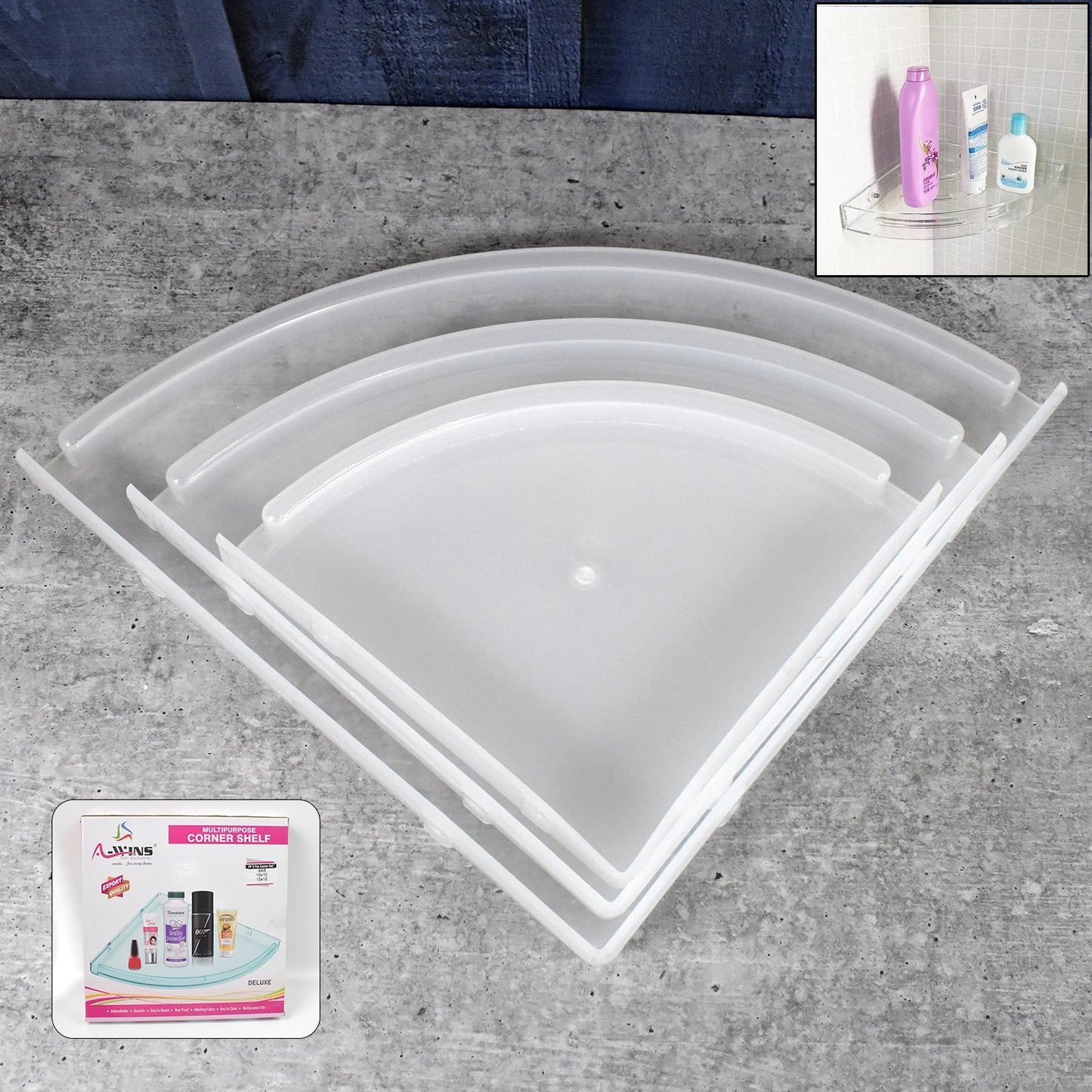 Three-piece white plastic corner shelf set displayed in a modern bathroom.