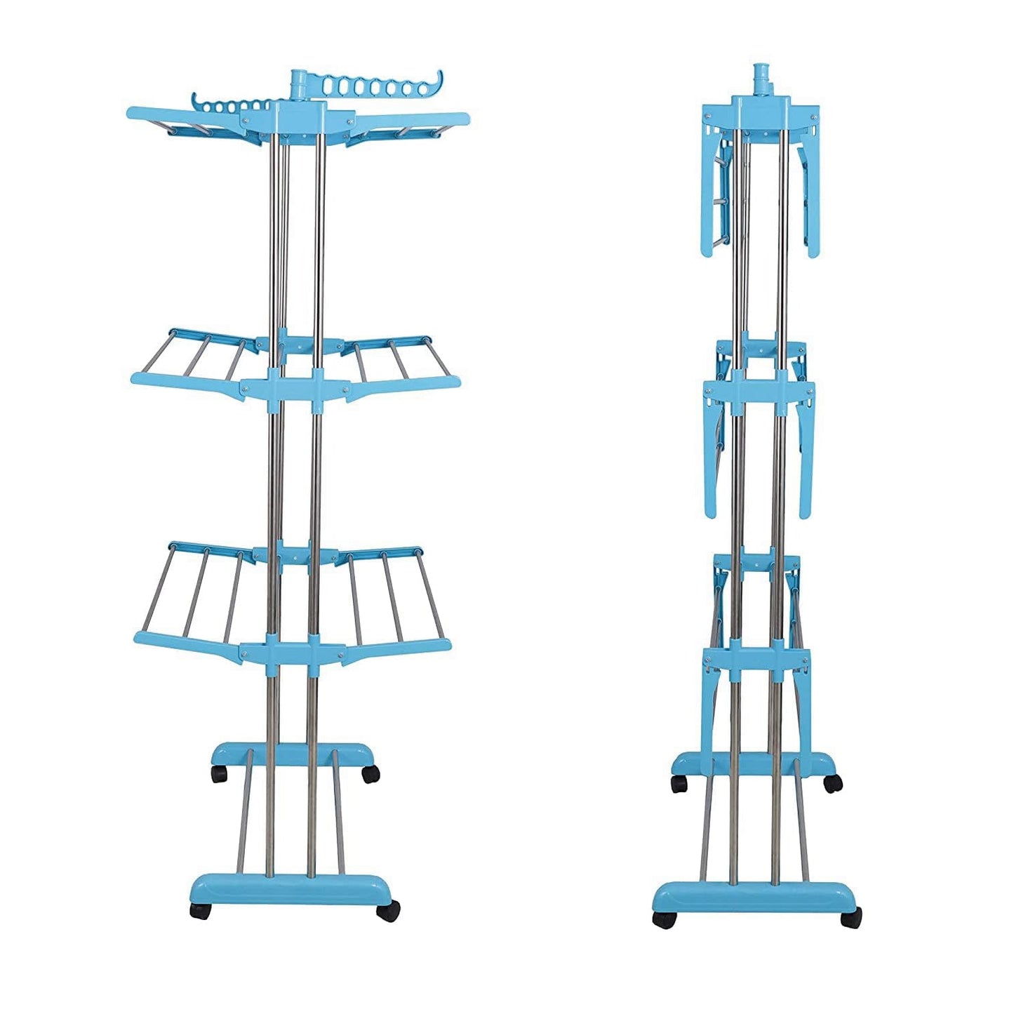 Side view of the foldable cloth drying stand, showcasing its compact design.