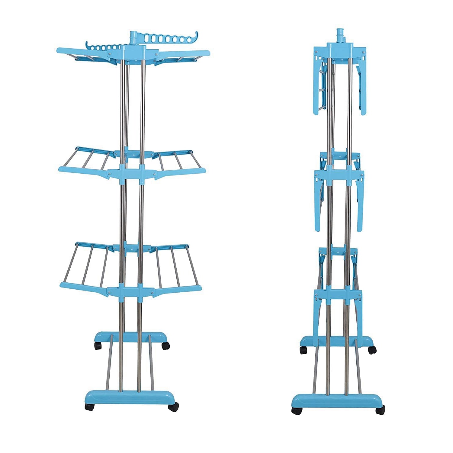 Side view of the foldable cloth drying stand, showcasing its compact design.