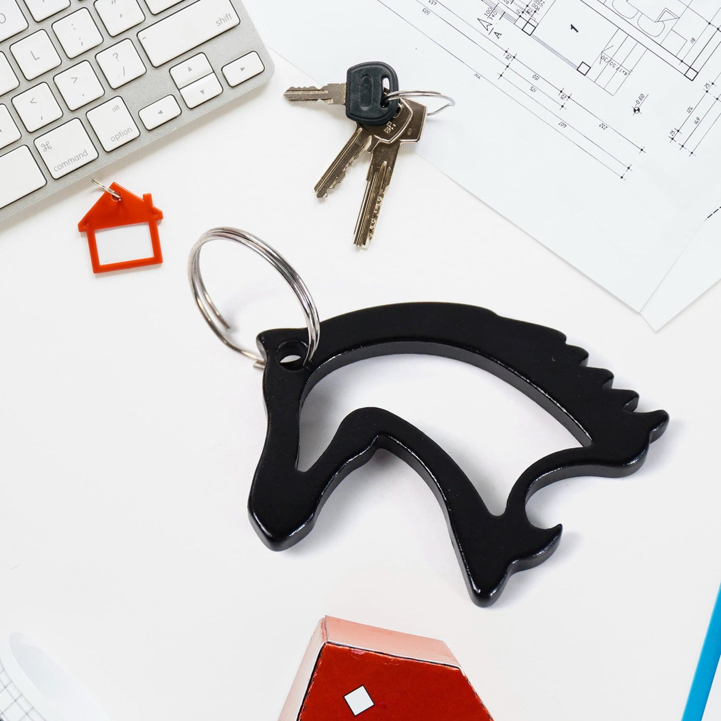 Close-up view of noble horse head metal keychain