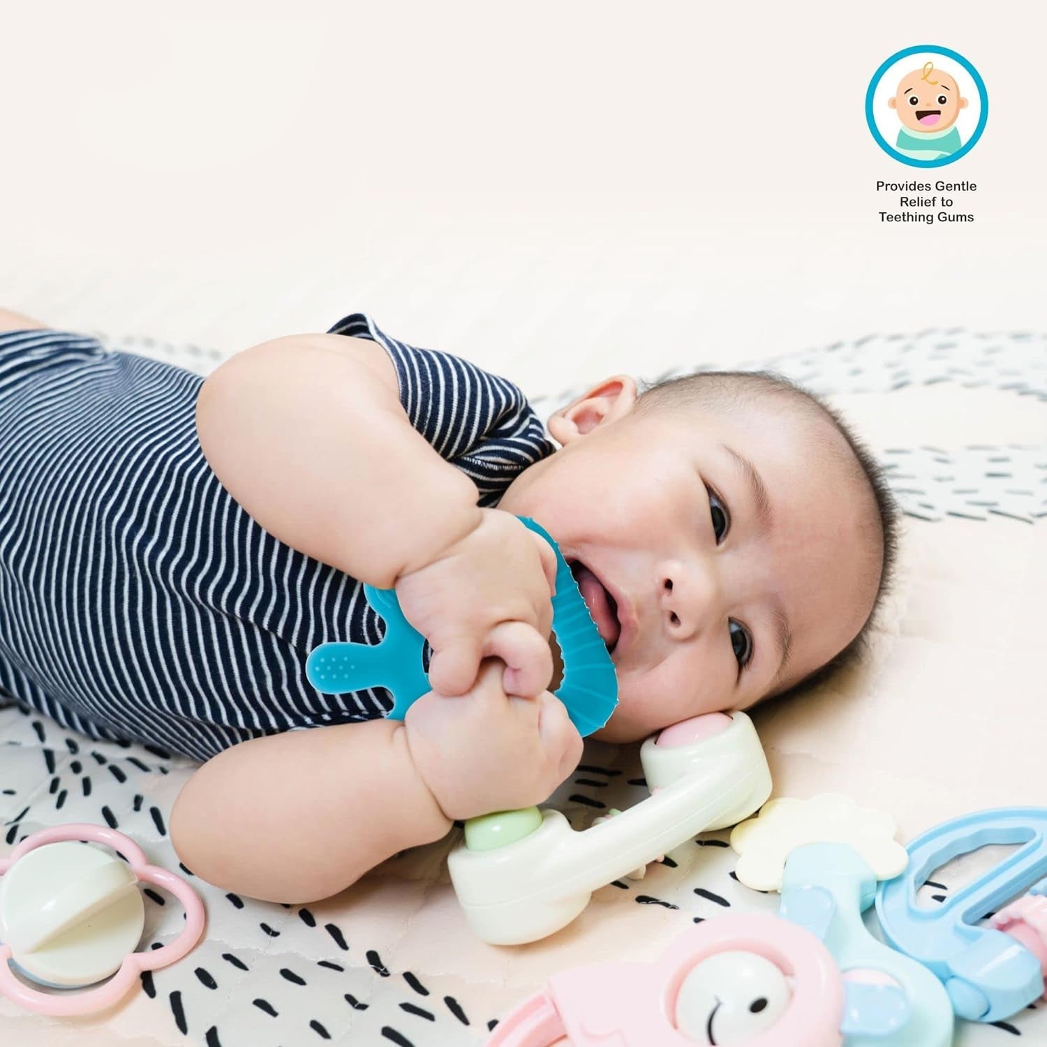 Selection of bright, appealing cooling baby teethers in various silicone shapes.