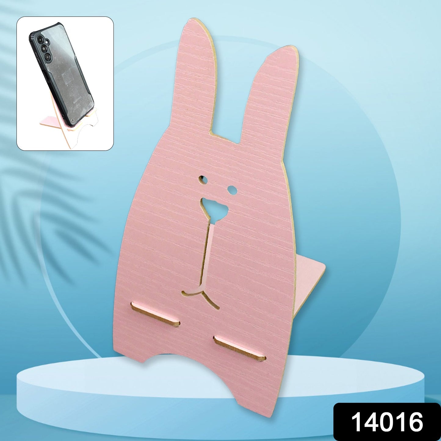 Side view of the portable wooden rabbit phone holder, showcasing its stable design.
