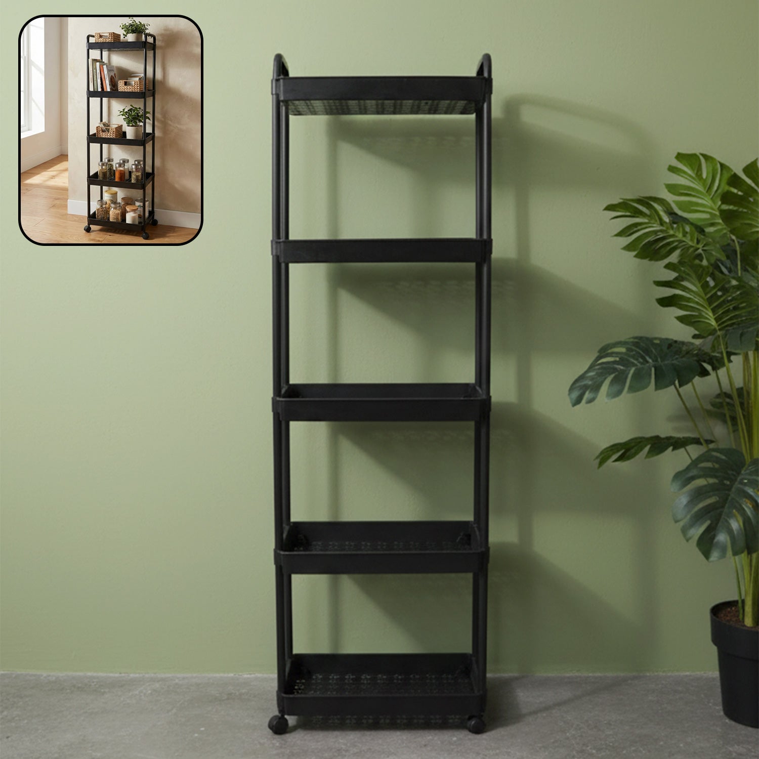 Mobile storage rack with five levels and smooth caster wheels