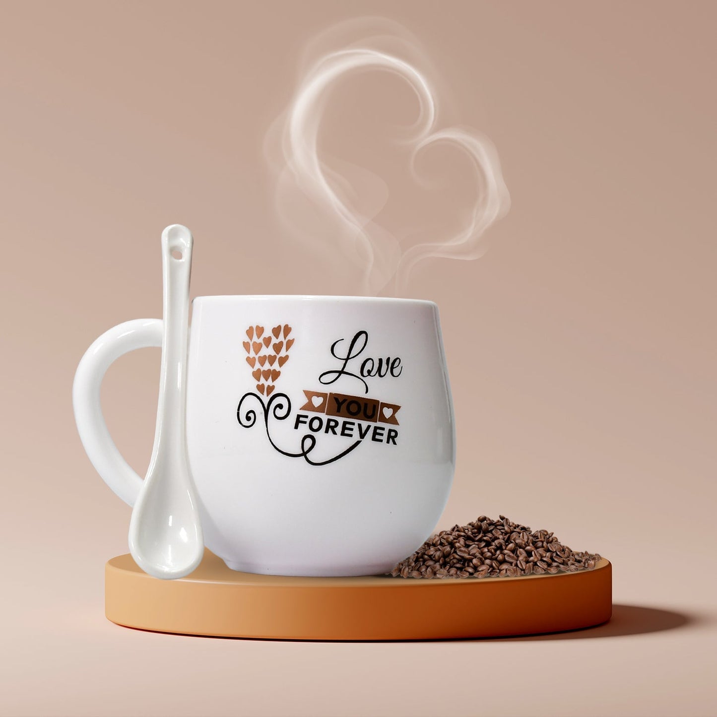 Multi-design plastic coffee mug with matching spoon and gift box.