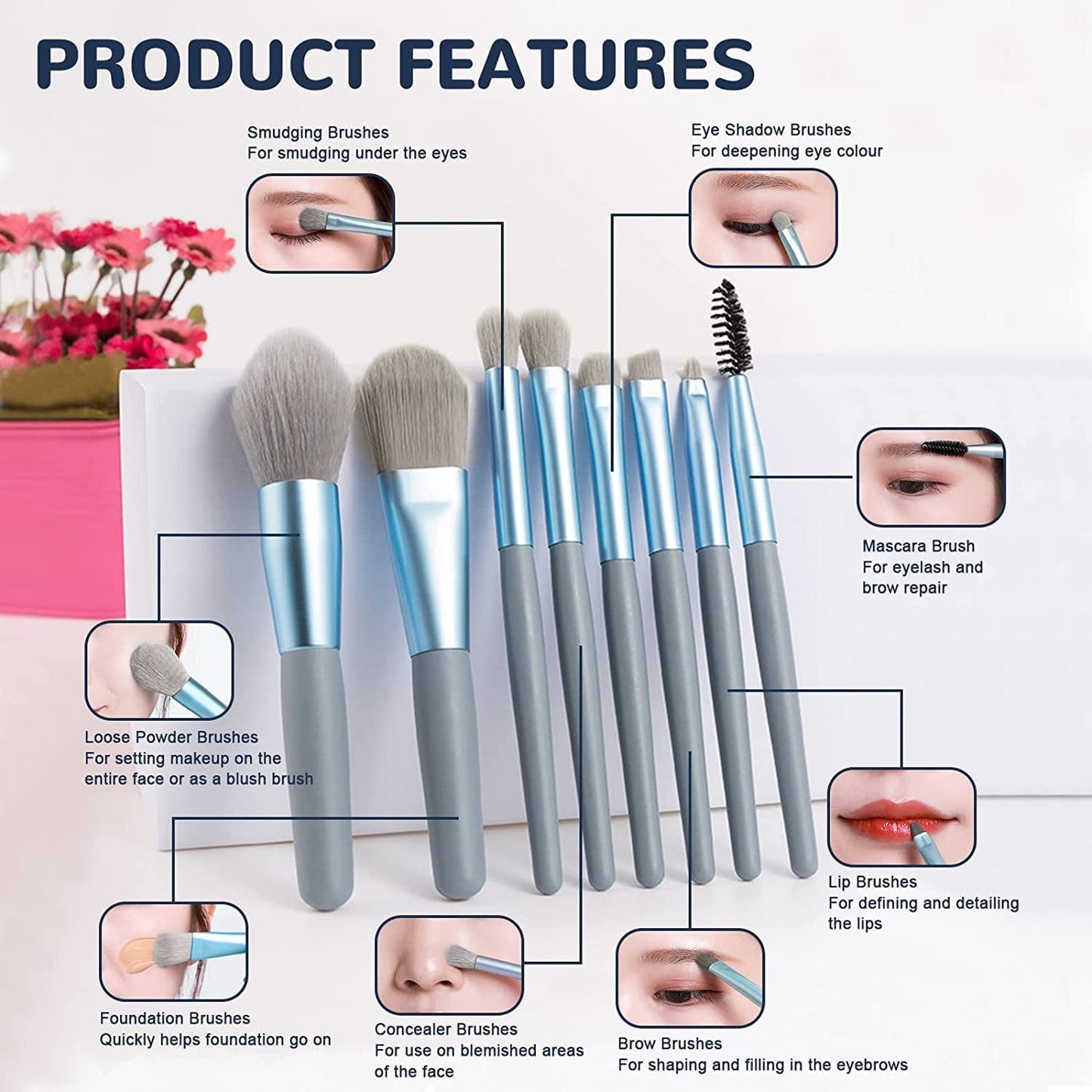 The complete collection of 8 makeup brushes with their handles in mixed pastel colors.