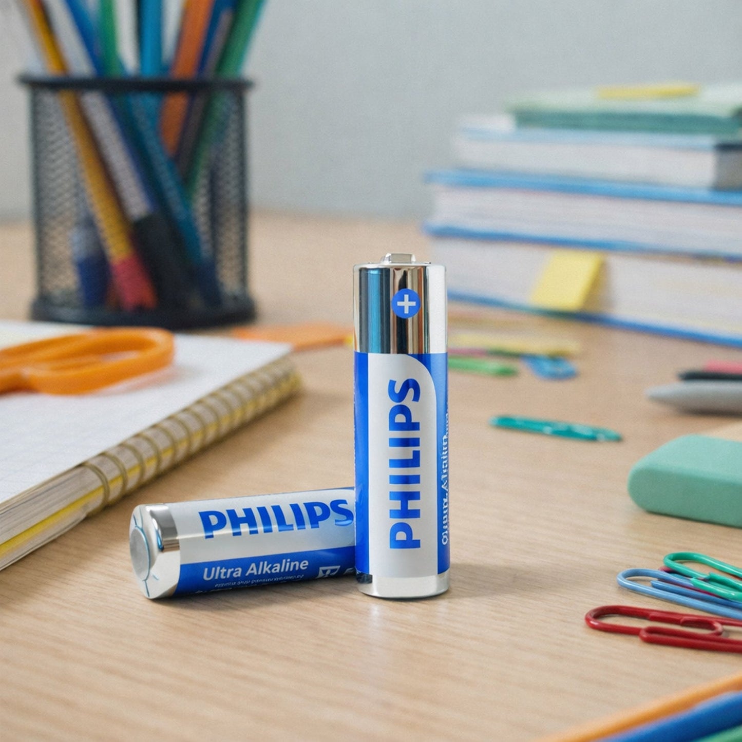 Alkaline AAA batteries in pack for easy replacement