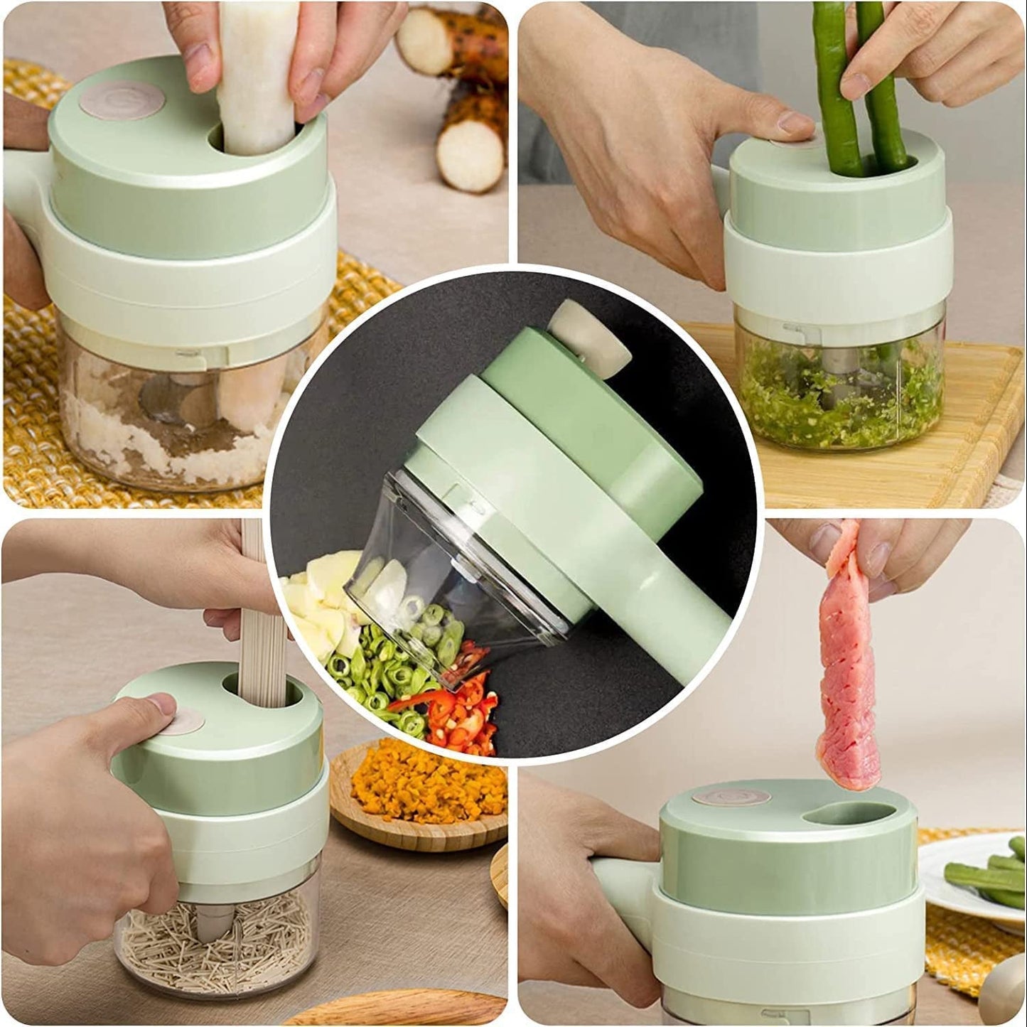 User demonstrating the ease of use with the handheld electric vegetable slicer.