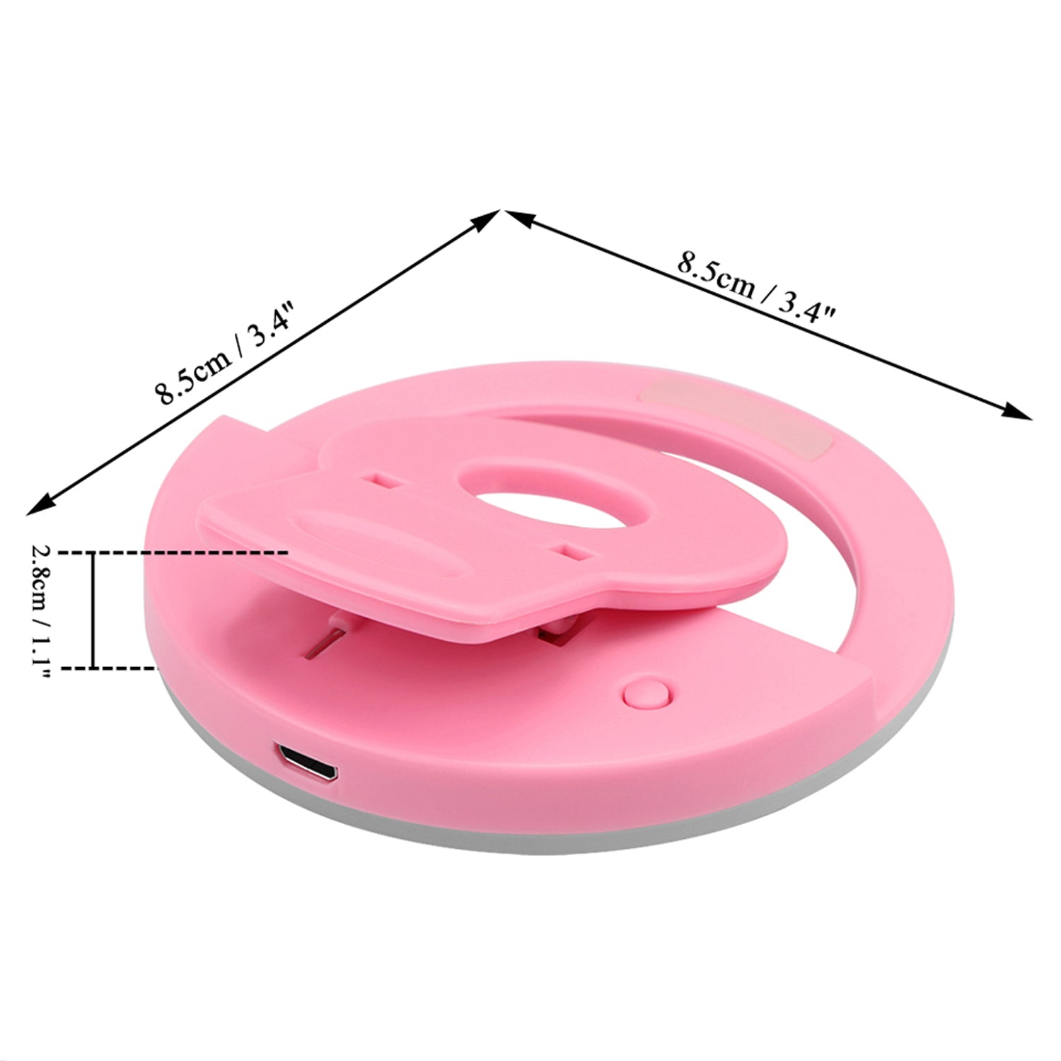 Detailed view of the LED bulbs on the selfie ring light for optimal illumination.