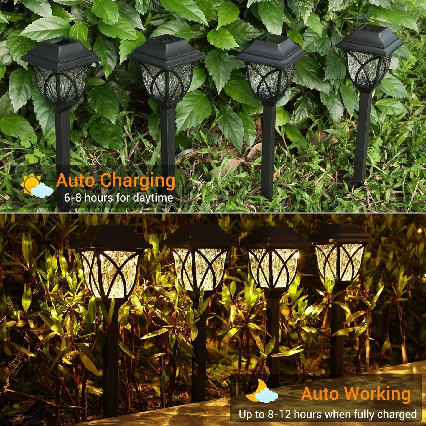 Graphic demonstrating how FitFuzion solar pathway lights provide up to 12 hours of illumination.