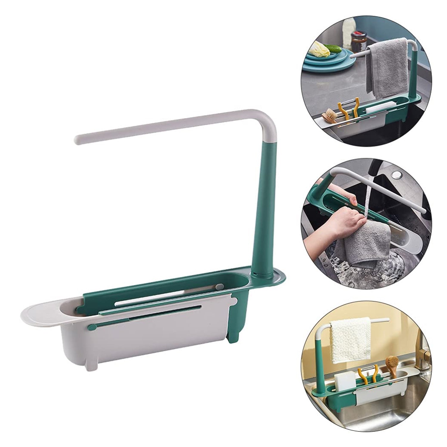 Close-up of the expandable dish drying rack, highlighting its sturdy plastic construction and drainage holes.
