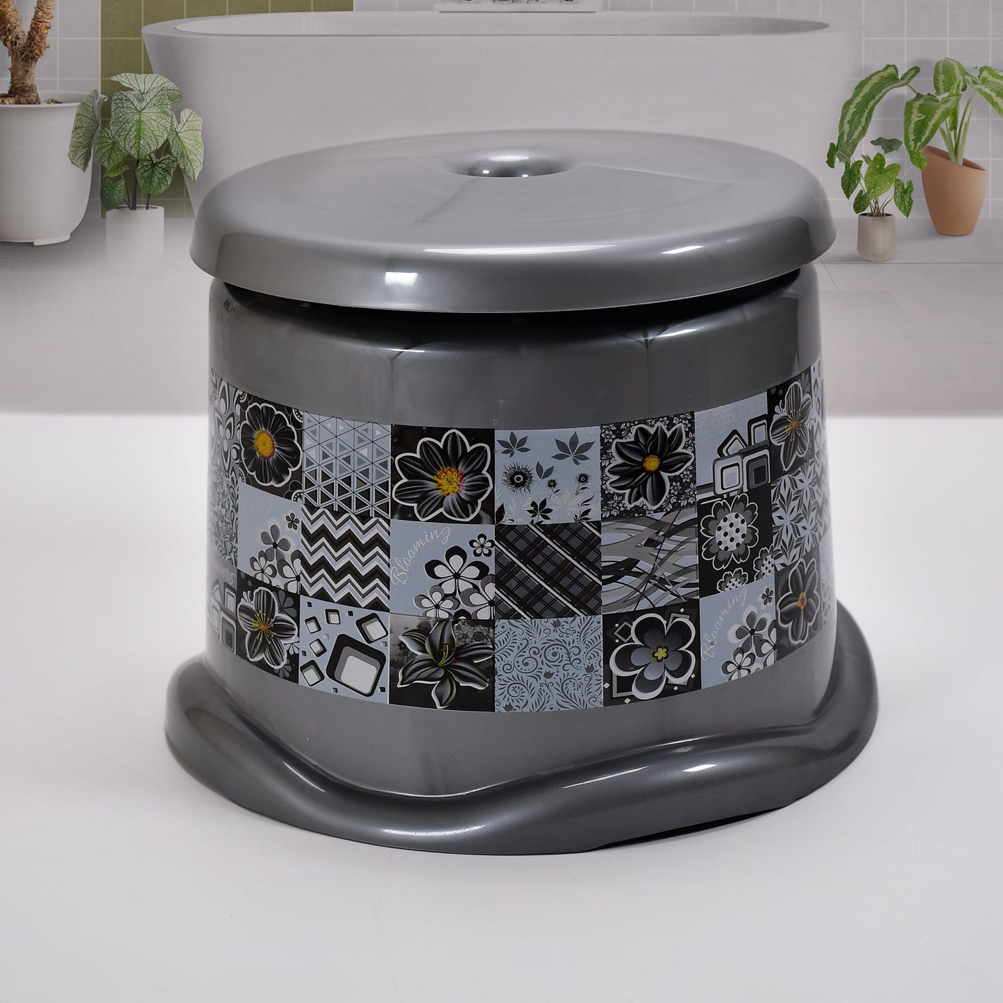 Various items from the 7-piece bathroom set, including the dustbin and stool, for a comprehensive solution.