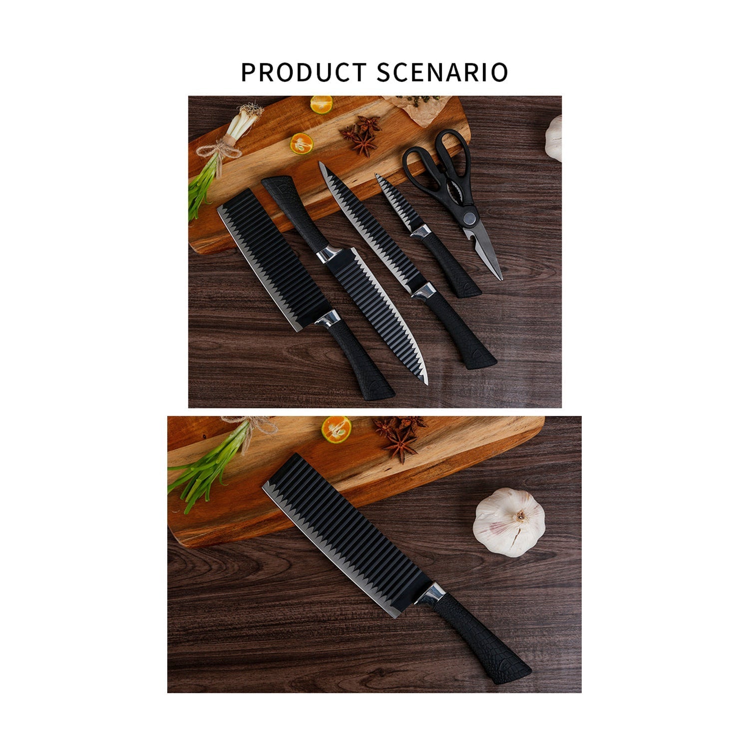 Chef's knife, peeler, and scissors from the premium stainless steel knife set.