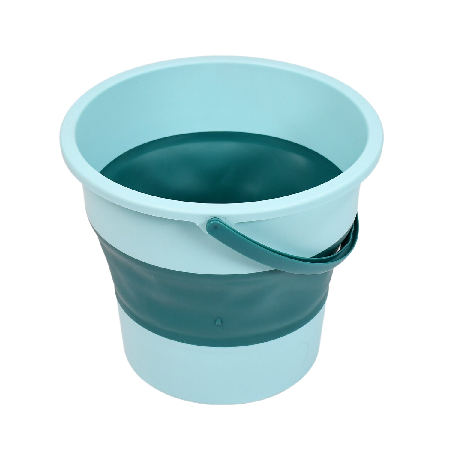 The versatile foldable water bucket hanging, demonstrating its space-saving design.