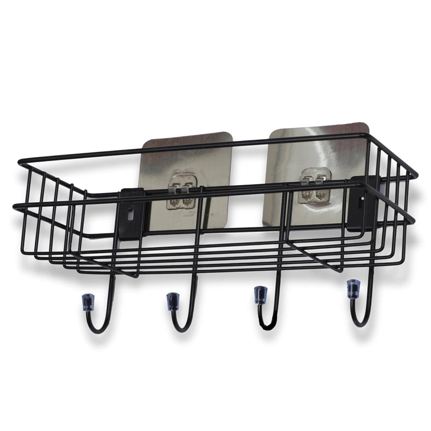 Full view of sturdy iron shower shelf rack with three levels