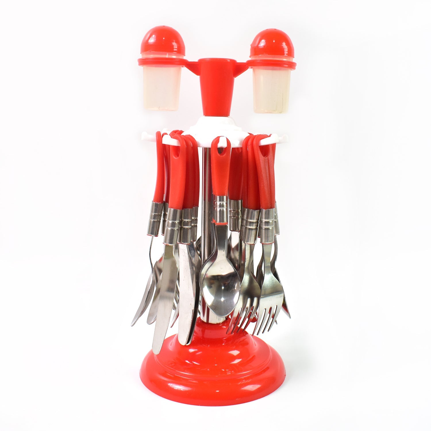View of the complete 26-piece luxury cutlery set with its sturdy revolving stand, highlighting its organized storage.