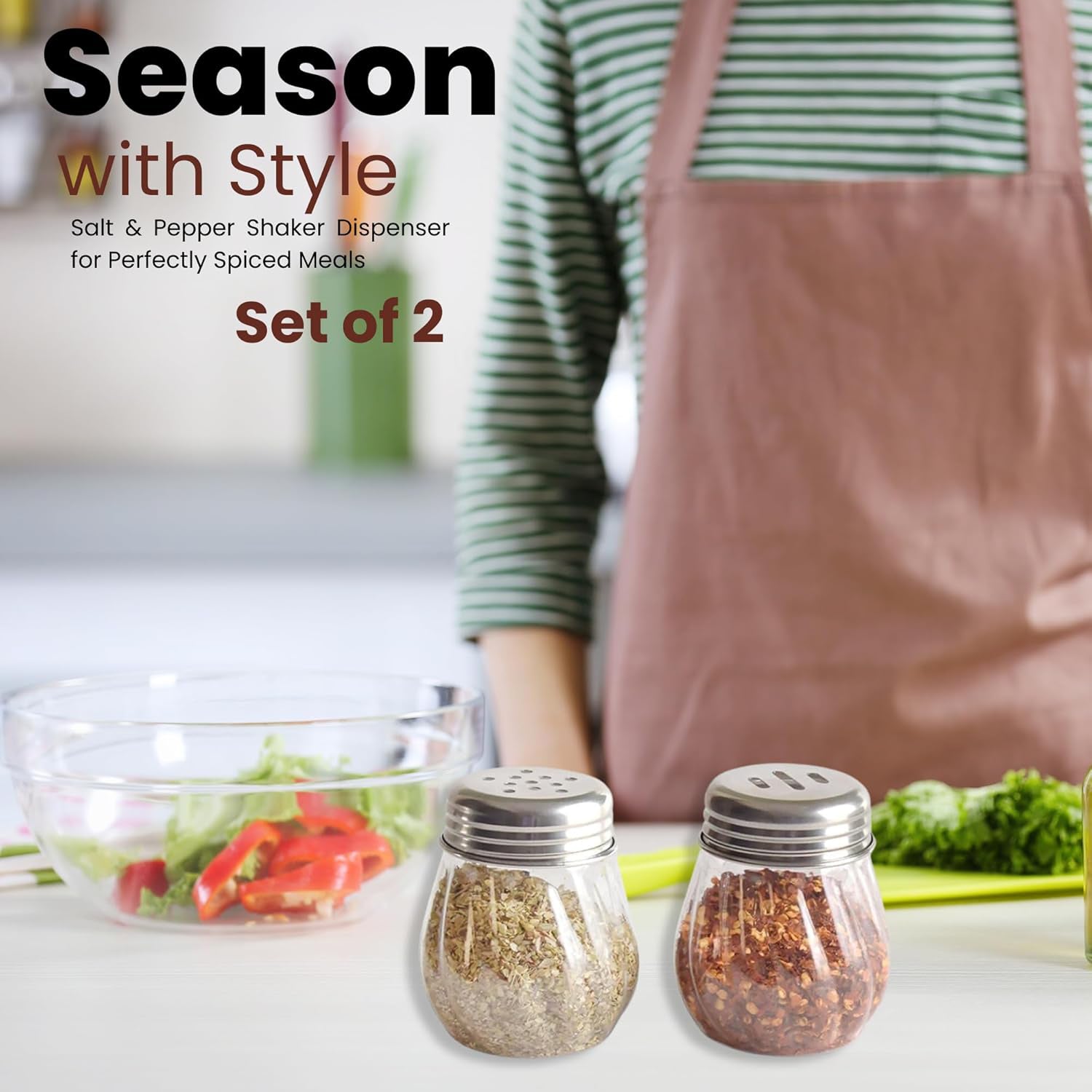 Side view of reusable oregano and chilli flakes dispensers with metal lids for controlled spice pouring